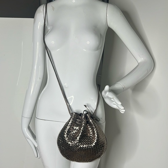 Stephane Kelian Interwoven Gray Metallic Leather Drawstring Crossbody Bag